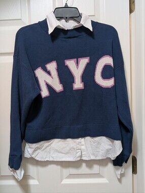 Maeve Anthropologie Graphic Twofer Sweater NYC Blue Oversized XXS